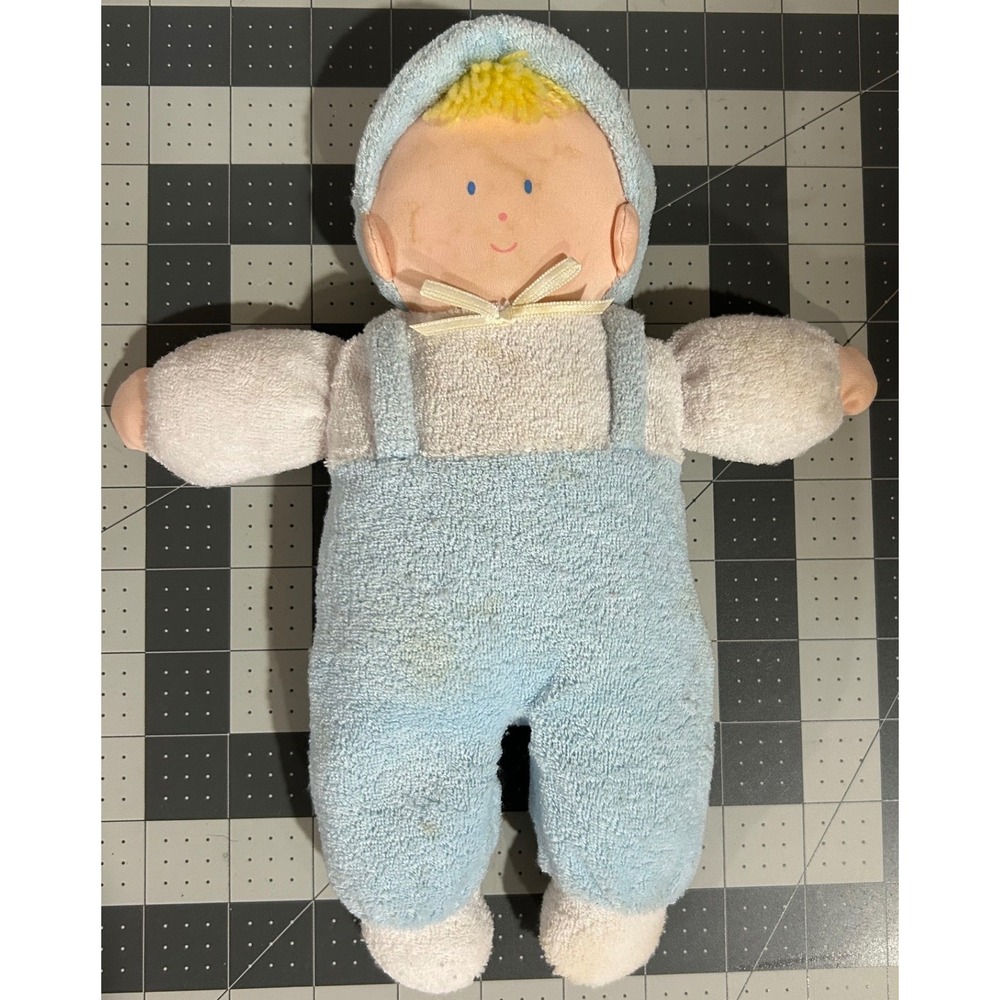 Vintage Eden Toys Blue Terry Cloth Baby Boy Doll Plush Stuffed Blonde Yarn Hair